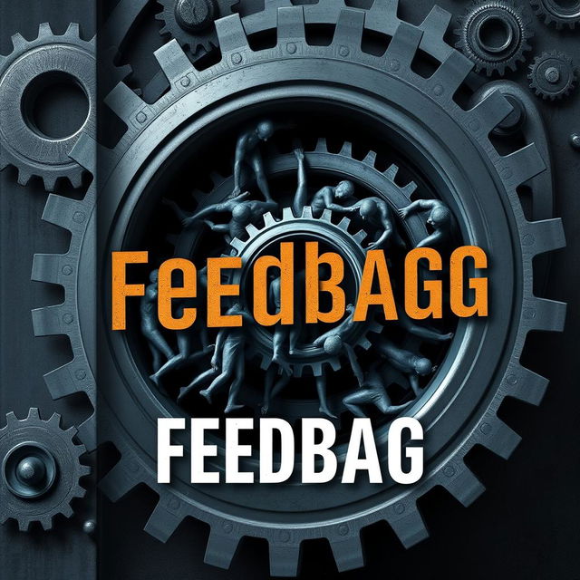 A book cover for the title "Feedbag", depicting people being consumed by cogs in the business cycle