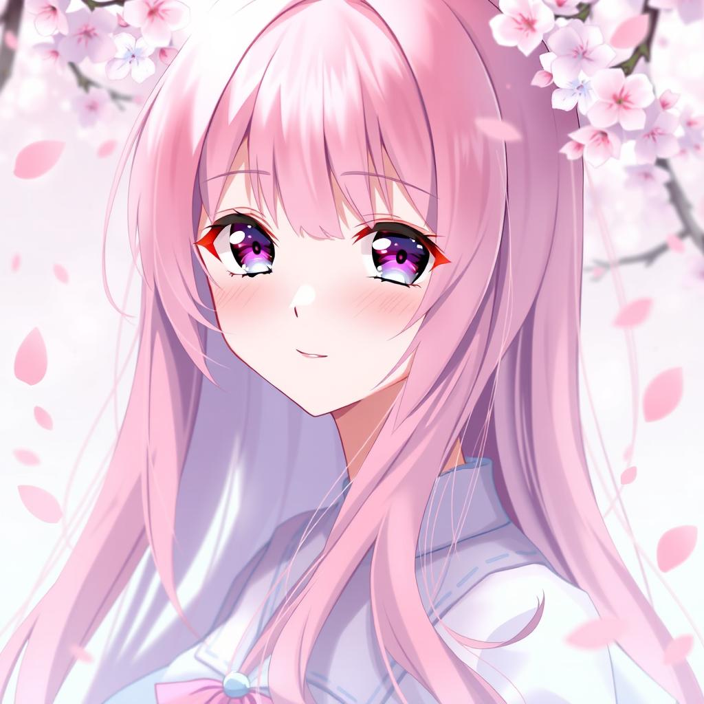 Anime girl with vibrant pink hair flowing down, enchanting purple eyes that glint with mystery