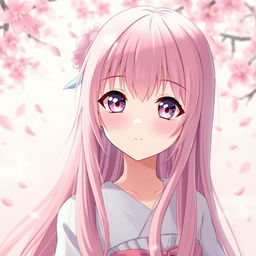 Anime girl with vibrant pink hair flowing down, enchanting purple eyes that glint with mystery