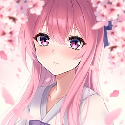 Anime girl with vibrant pink hair flowing down, enchanting purple eyes that glint with mystery