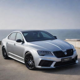 Envision a Skoda Octavia RS blended with the high-performance aesthetics of a Devel Sixteen, creating a unique and eye-catching super sedan