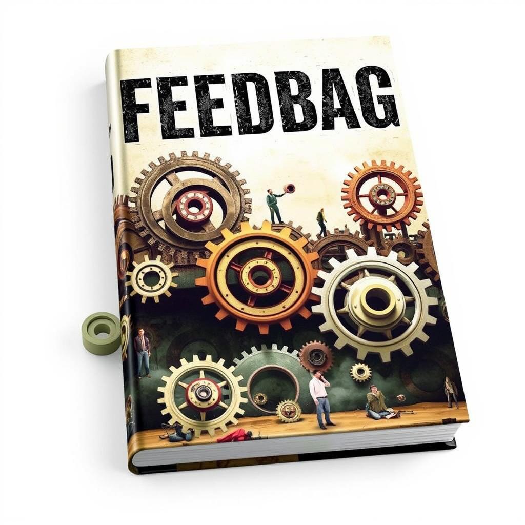 A gripping book cover for the title "Feedbag," depicting a surreal scene where individuals are seamlessly integrated into gigantic, menacing cogs and gears of a vast corporate machine