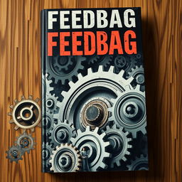 A gripping book cover for the title "Feedbag," depicting a surreal scene where individuals are seamlessly integrated into gigantic, menacing cogs and gears of a vast corporate machine