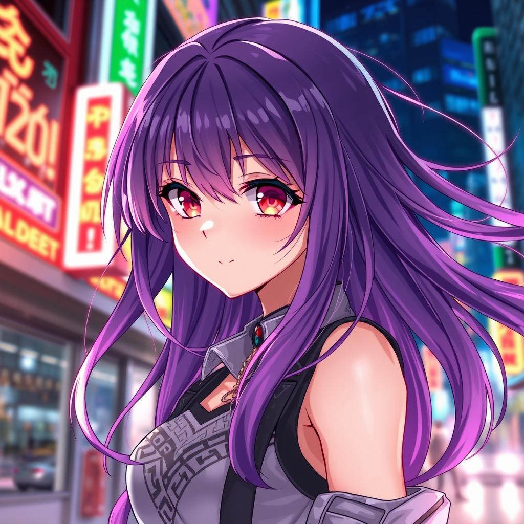 Anime girl with flowing purple hair that cascades gracefully, striking red eyes that captivate with their depth