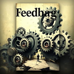 A gripping book cover for the title "Feedbag," depicting a surreal scene where individuals are seamlessly integrated into gigantic, menacing cogs and gears of a vast corporate machine