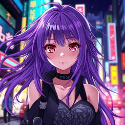 Anime girl with flowing purple hair that cascades gracefully, striking red eyes that captivate with their depth