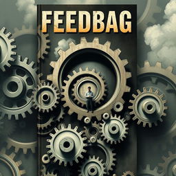 A gripping book cover for the title "Feedbag," depicting a surreal scene where individuals are seamlessly integrated into gigantic, menacing cogs and gears of a vast corporate machine