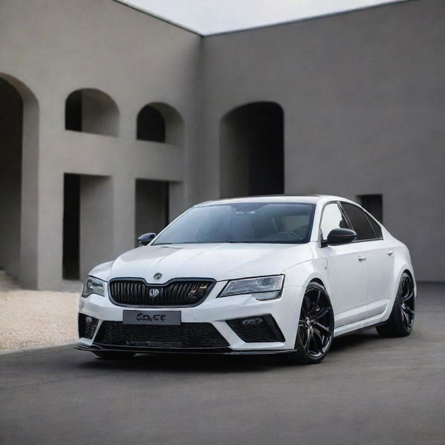 Envision a Skoda Octavia RS blended with the high-performance aesthetics of a Devel Sixteen, creating a unique and eye-catching super sedan