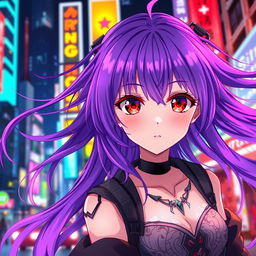 Anime girl with flowing purple hair that cascades gracefully, striking red eyes that captivate with their depth