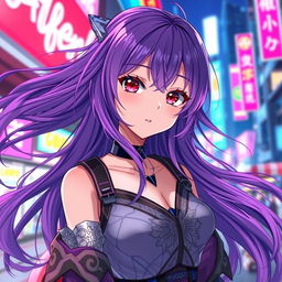 Anime girl with flowing purple hair that cascades gracefully, striking red eyes that captivate with their depth