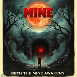 A 1981 style horror movie poster featuring a chilling scene at the entrance of a mine under a blood-red moon