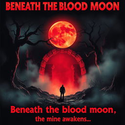 A 1981 style horror movie poster featuring a chilling scene at the entrance of a mine under a blood-red moon