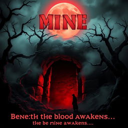 A 1981 style horror movie poster featuring a chilling scene at the entrance of a mine under a blood-red moon