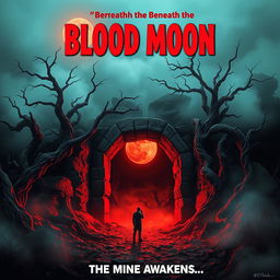 A 1981 style horror movie poster featuring a chilling scene at the entrance of a mine under a blood-red moon