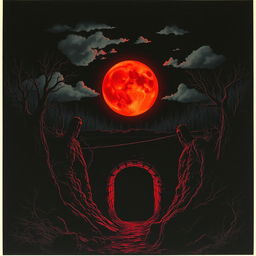 A vintage 1981 horror movie poster depicting a blood moon casting an eerie red glow over a dark, abandoned mine shaft entrance