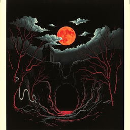 A vintage 1981 horror movie poster depicting a blood moon casting an eerie red glow over a dark, abandoned mine shaft entrance