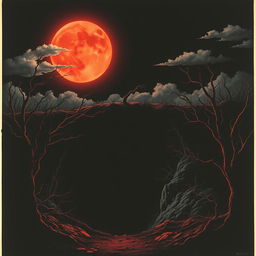 A vintage 1981 horror movie poster depicting a blood moon casting an eerie red glow over a dark, abandoned mine shaft entrance