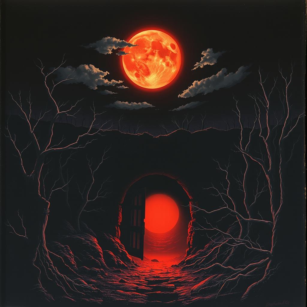 A vintage 1981 horror movie poster depicting a blood moon casting an eerie red glow over a dark, abandoned mine shaft entrance