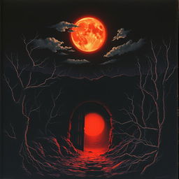 A vintage 1981 horror movie poster depicting a blood moon casting an eerie red glow over a dark, abandoned mine shaft entrance