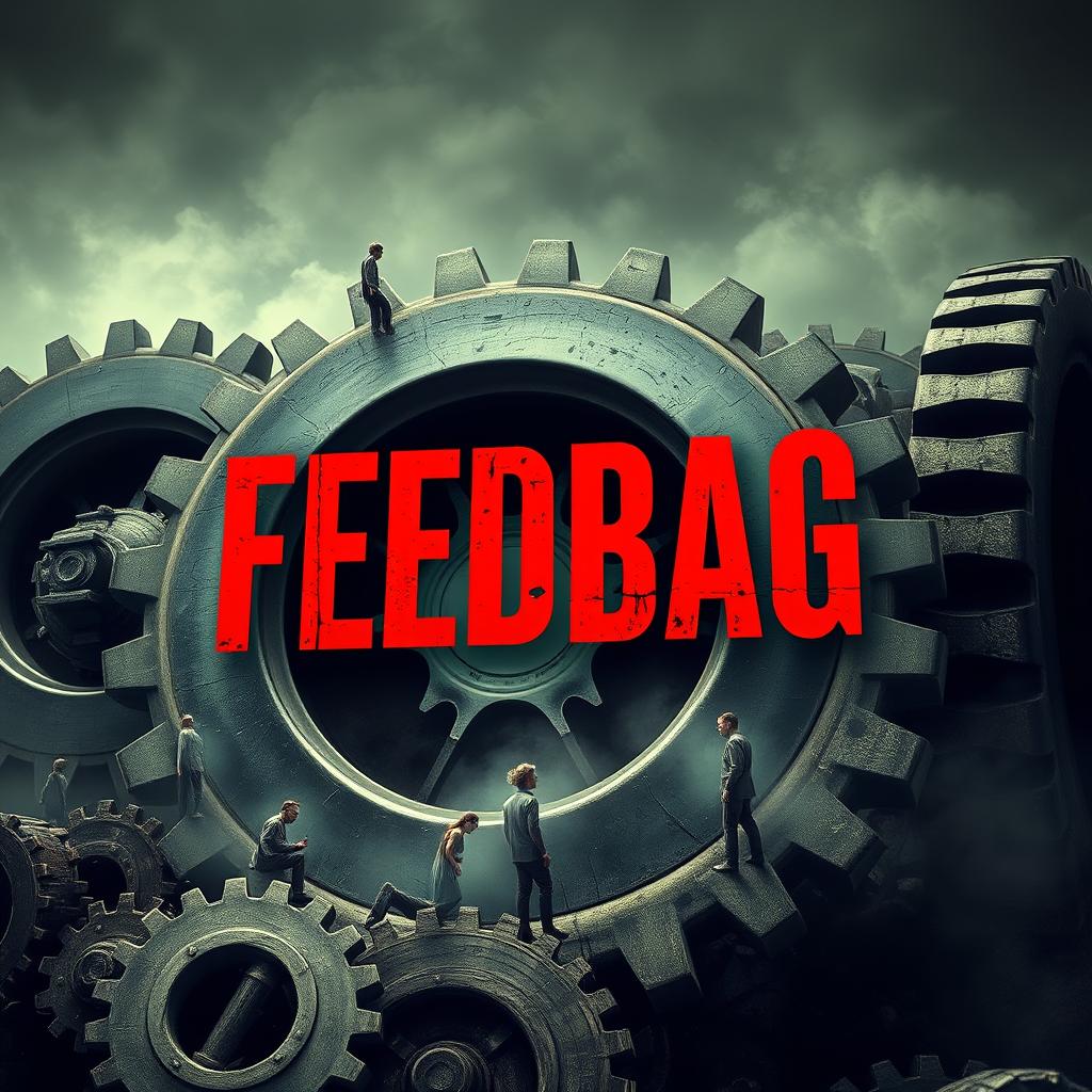 A captivating book cover for the title "Feedbag," with the title emblazoned in striking red font, set against a dramatic backdrop