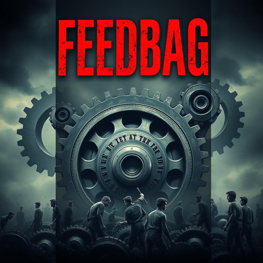 A captivating book cover for the title "Feedbag," with the title emblazoned in striking red font, set against a dramatic backdrop