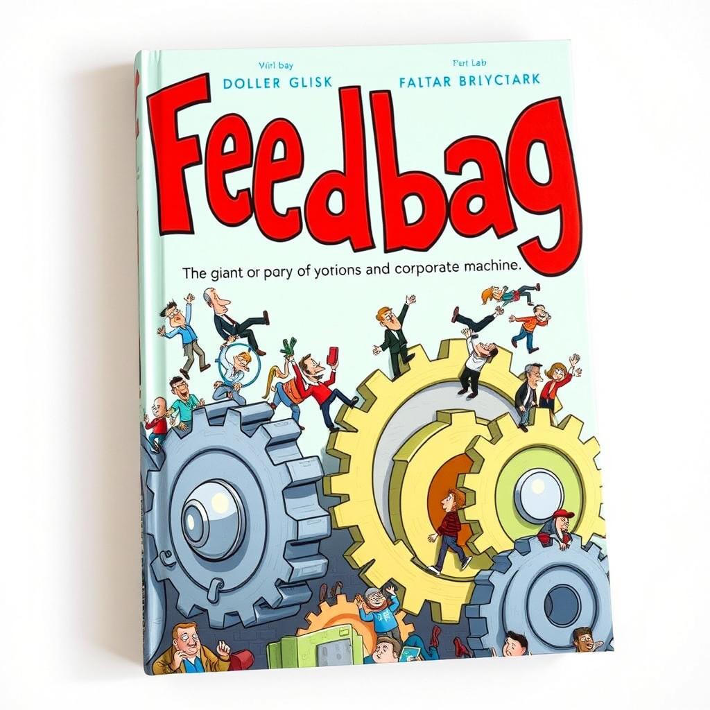 A whimsical and cartoonish book cover for the title "Feedbag," with the title prominently displayed in vibrant red, playful font