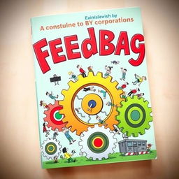 A whimsical and cartoonish book cover for the title "Feedbag," with the title prominently displayed in vibrant red, playful font