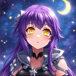 Anime girl with vibrant purple hair and striking yellow eyes that shimmer with intrigue