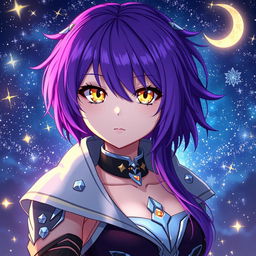 Anime girl with vibrant purple hair and striking yellow eyes that shimmer with intrigue