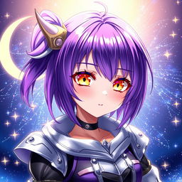 Anime girl with vibrant purple hair and striking yellow eyes that shimmer with intrigue