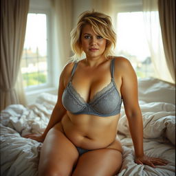 A 40-year-old curvy woman with natural breasts and messy blonde hair poses on a king-size bed with rumpled sheets