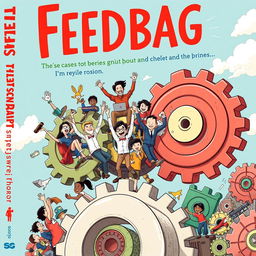 An uplifting and thought-provoking book cover for the title "Feedbag," with the title in vibrant red, joyful font