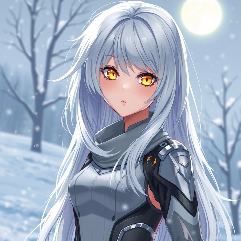 Anime girl with lustrous white hair cascading elegantly, her yellow eyes shining with a fierce yet soothing intensity