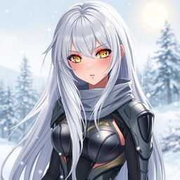 Anime girl with lustrous white hair cascading elegantly, her yellow eyes shining with a fierce yet soothing intensity