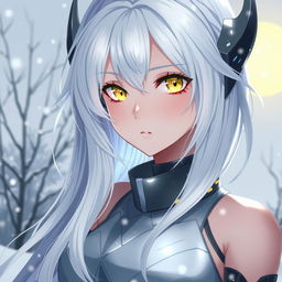 Anime girl with lustrous white hair cascading elegantly, her yellow eyes shining with a fierce yet soothing intensity