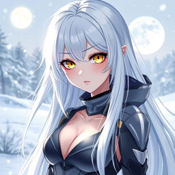 Anime girl with lustrous white hair cascading elegantly, her yellow eyes shining with a fierce yet soothing intensity