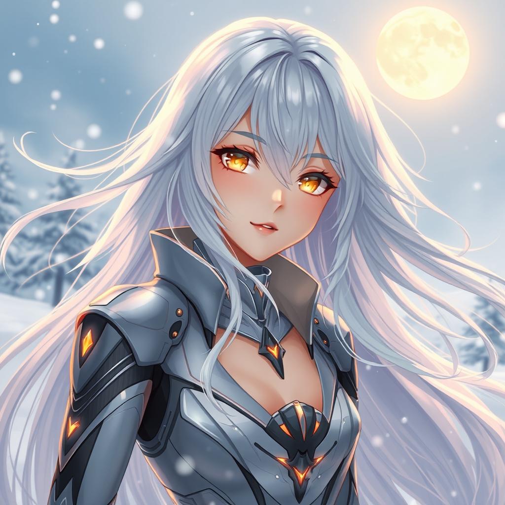 Anime girl with lustrous white hair flowing gracefully, her yellow eyes exuding a warm, captivating glow