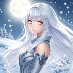 Anime girl with lustrous white hair flowing gracefully, her yellow eyes exuding a warm, captivating glow