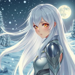 Anime girl with lustrous white hair flowing gracefully, her yellow eyes exuding a warm, captivating glow