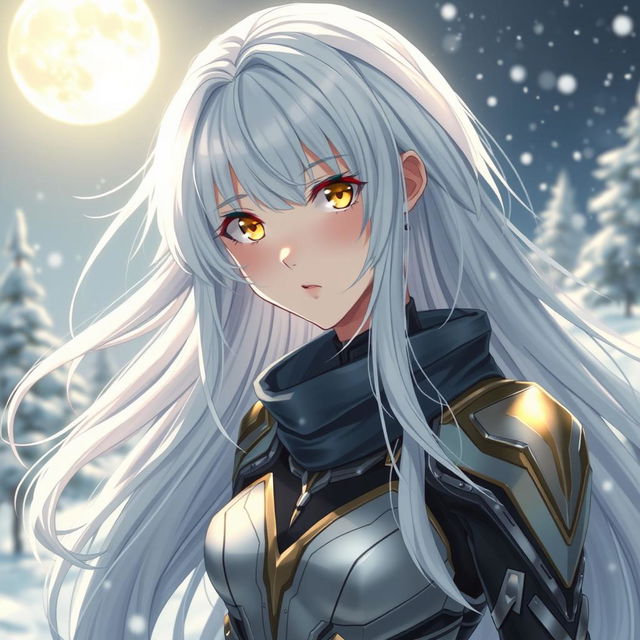 Anime girl with lustrous white hair flowing gracefully, her yellow eyes exuding a warm, captivating glow