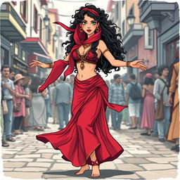 A mesmerizing gypsy woman performing a belly dance in a bustling street