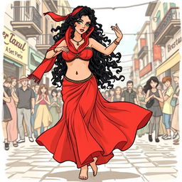 A mesmerizing gypsy woman performing a belly dance in a bustling street