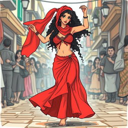 A mesmerizing gypsy woman performing a belly dance in a bustling street