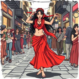 A mesmerizing gypsy woman performing a belly dance in a bustling street