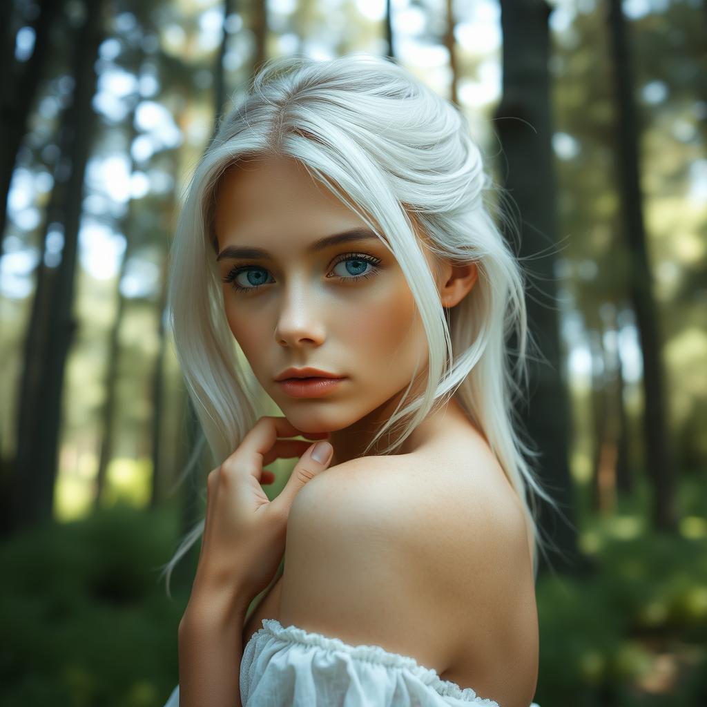 A captivating young woman with striking white hair and mesmerizing blue eyes, gently posing in an ethereal and serene forest setting