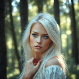 A captivating young woman with striking white hair and mesmerizing blue eyes, gently posing in an ethereal and serene forest setting