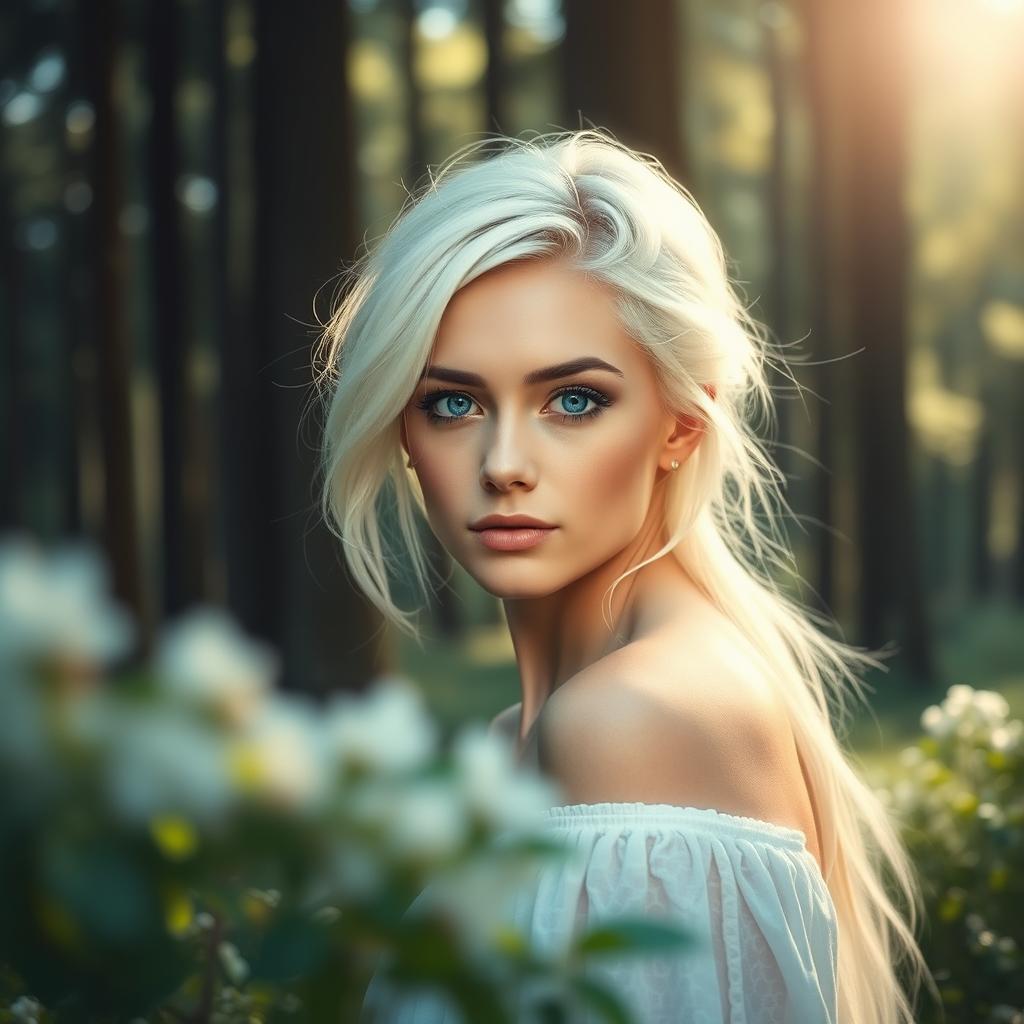 A captivating young woman with striking white hair and mesmerizing blue eyes, gently posing in an ethereal and serene forest setting