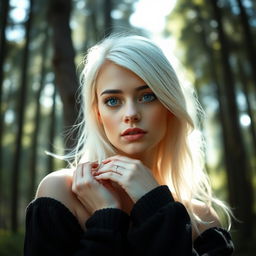 A captivating young woman with striking white hair and mesmerizing blue eyes, gently posing in an ethereal and serene forest setting