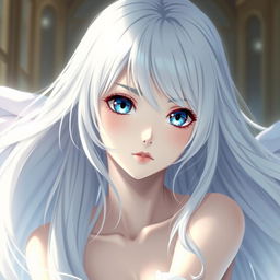 A mesmerizing anime girl with striking blue eyes, long flowing white hair, and fair skin, artfully posed in an elegant and tasteful manner, surrounded by ethereal light and soft textures that enhance her angelic appearance