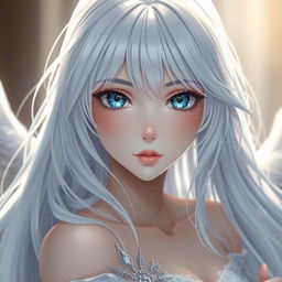 A mesmerizing anime girl with striking blue eyes, long flowing white hair, and fair skin, artfully posed in an elegant and tasteful manner, surrounded by ethereal light and soft textures that enhance her angelic appearance